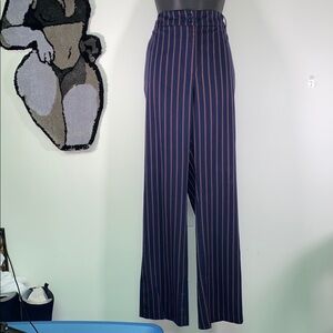 Chadwicks Navy Wide Leg Pinstripe Trousers Red Gold Stripe Size 14T